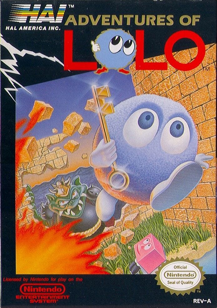 A scan of the box art for the first Adventures of Lolo game, featuring the round protagonist in place of the first "O" in Lolo, as well as Lolo running away from a beast while holding a key