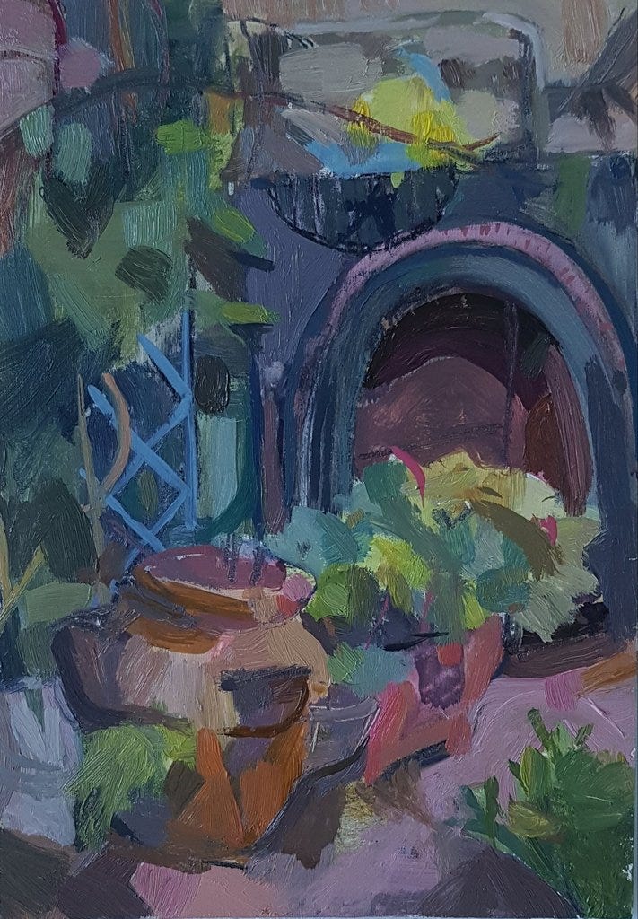 Garden painting by Julia Laing 2021 5x7 inches oil paint on panel