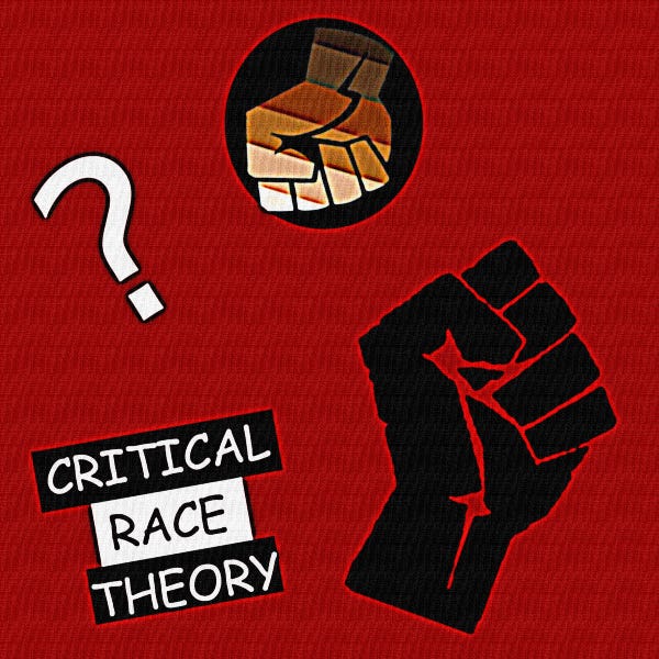 Image of a question mark, a solid black clenched fist, a multi-skin-color striped fist, and the words “CRITICAL RACE THEORY.”