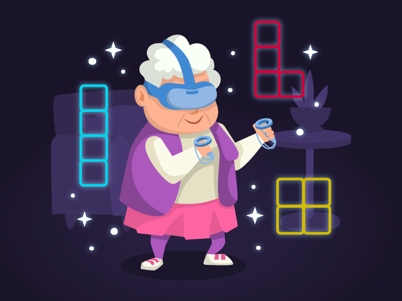 Illustration. Cartoon. Grandma with a VR headset, enjoying a game of Tetris.