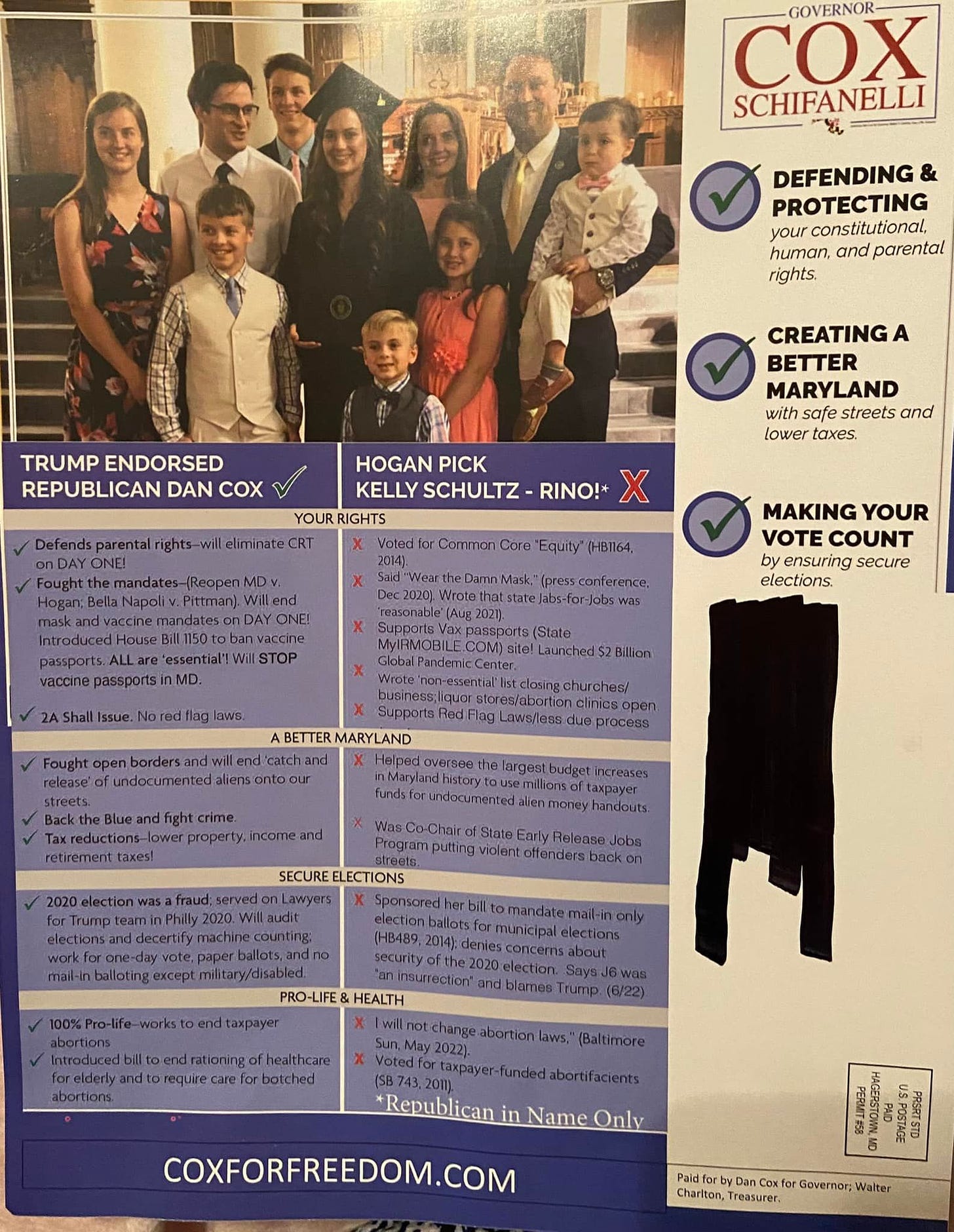 May be an image of 7 people, people standing and text that says 'COX GOVERNOR- SCHIFANELLI DEFENDING & PROTECTING yourconstitutional, human and parental rights. TRUMP ENDORSED REPUBLICAN DAN COX parental CREATINGA BETTER MARYLAND with safe streets and lower taxes. HOGAN PICK KELLY SCHULTZ RINO!* YOURRIGHTS Equity"(HB1164, MAKING YOUR VOTE COUNT by ensuring secure elections. BETTERMARYLAND SECUREELECTIONS troducebilo. *Republican Name Only COXFORFREEDOM.COM Paid Dan Coxfo Governor; Walter Chariton, reasurer.'