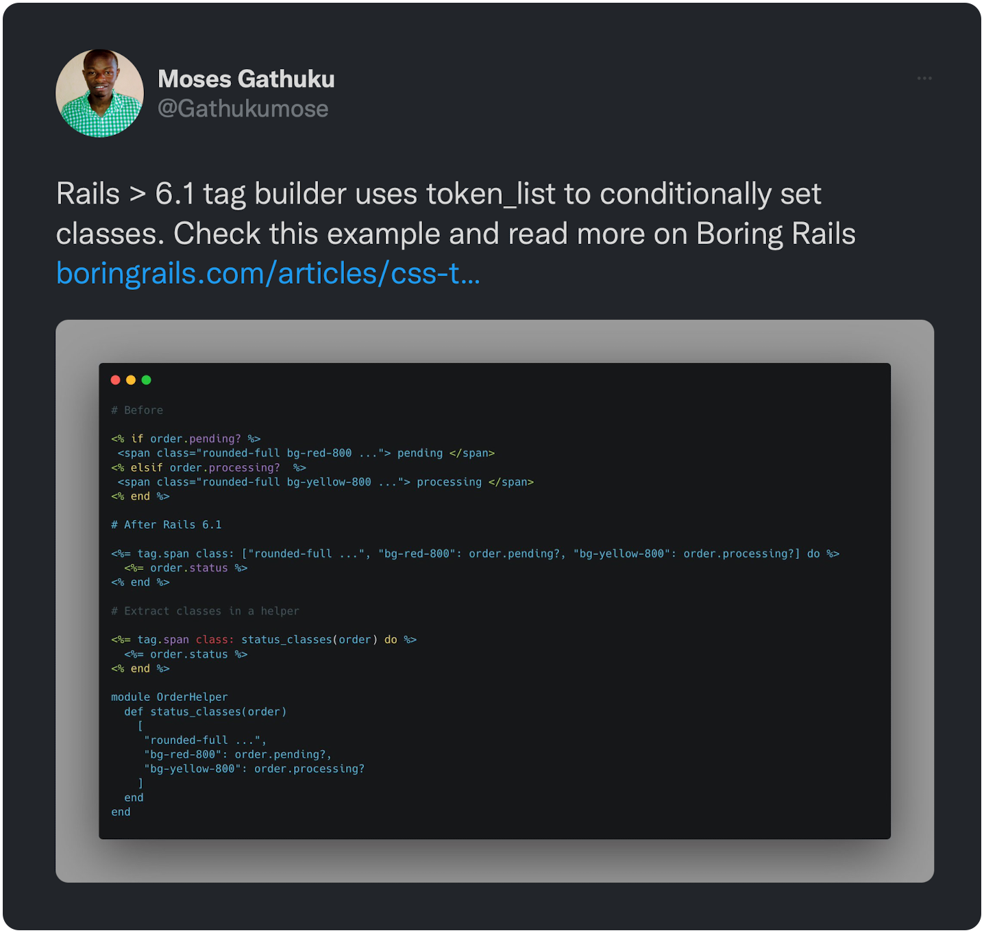 Rails &gt; 6.1 tag builder uses token_list to conditionally set classes. Check this example and read more on Boring Rails