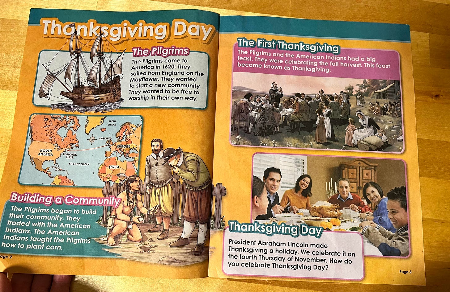 Thanksgiving day explained in pictures - no mention of any slaughter, just the pilgrims arriving and building a “community” then sharing some food with Native Americans