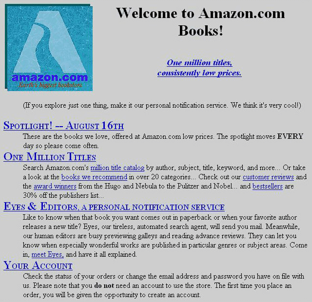 Imagem mostra uma interface de site muito antiga da Amazon