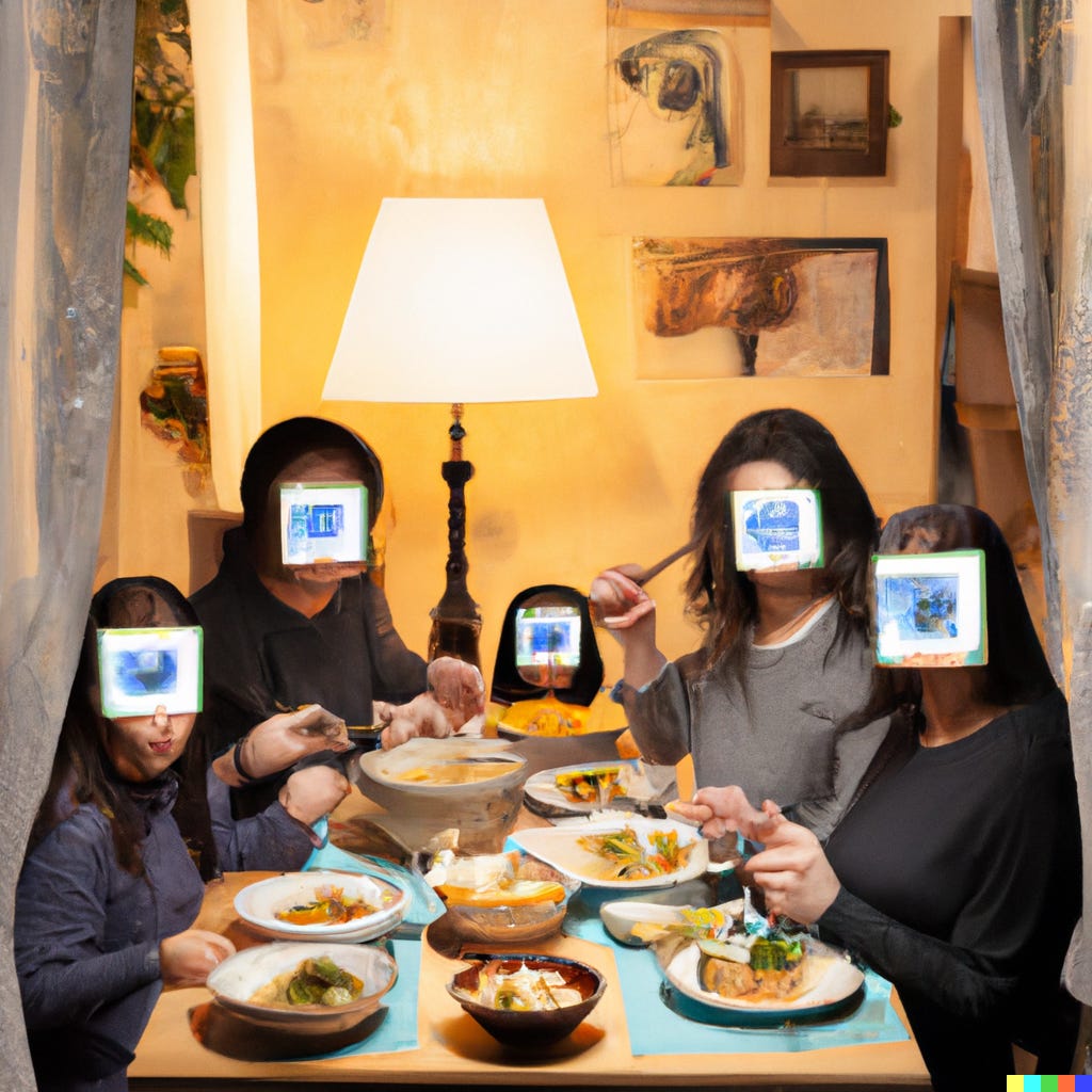 A family eating dinner at home. Every person has an image floating in front of their face.