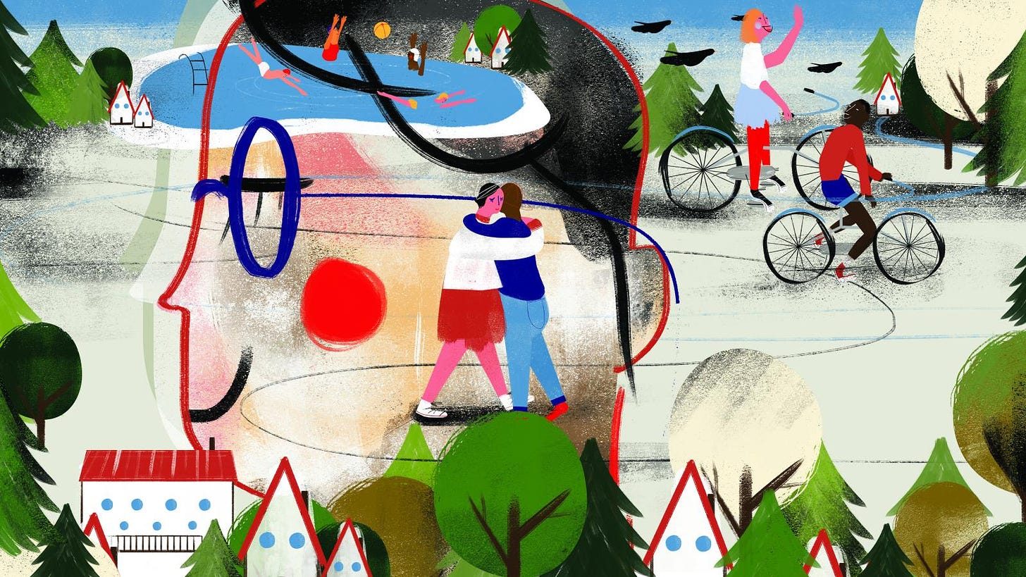 getekende illustratie met veel verschillende kleuren en kwaststreken. Je ziet bomen, huisjes, mensen die zwemmen in een meer en mensen die fietsen. In het midden omhelsen twee figuurtjes elkaar.