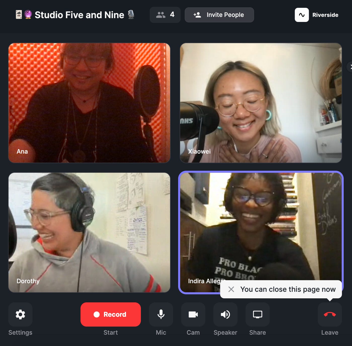 Four boxes of individuals, clockwise from the upper right: Xiaowei, Indira, Dorothy and Ana, smiling from their recording spaces. This is a screenshot of the riverside.fm user interface.