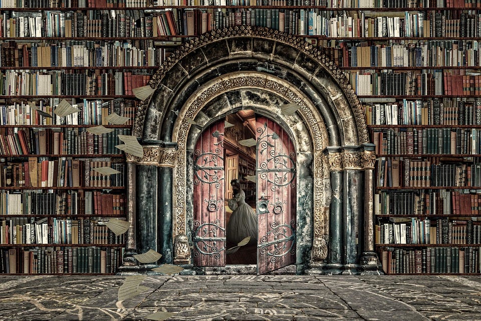 Inside a room full of books a woman is seen through a door.