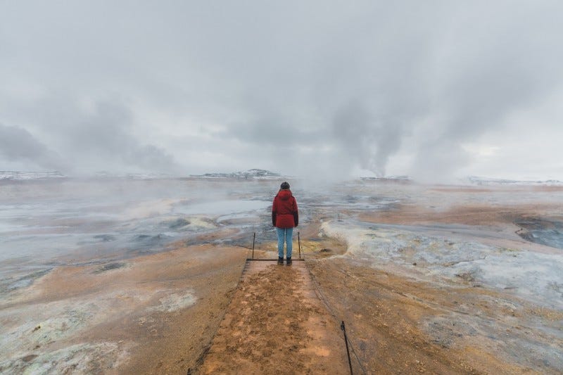 A photo of a person standing, back to the camera, in a desolate landscape. It is gloomy and looks cold.