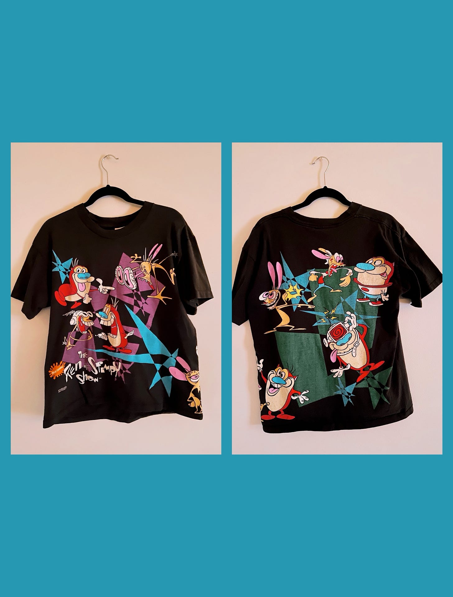 Two photos of Tay's collected 1992 vintage Ren & Stimpy shirt with the all-over graphic, in front of a teal background.