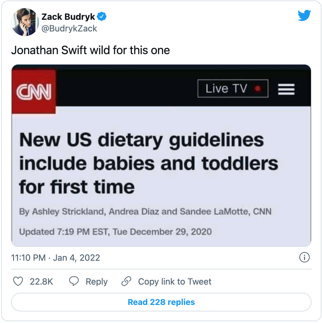Tweet by Zack Budryk that says “Jonathan Swift wild for this one” over a screenshot of the CNN headline: “New US dietary guidelines include babies and toddler for first time”