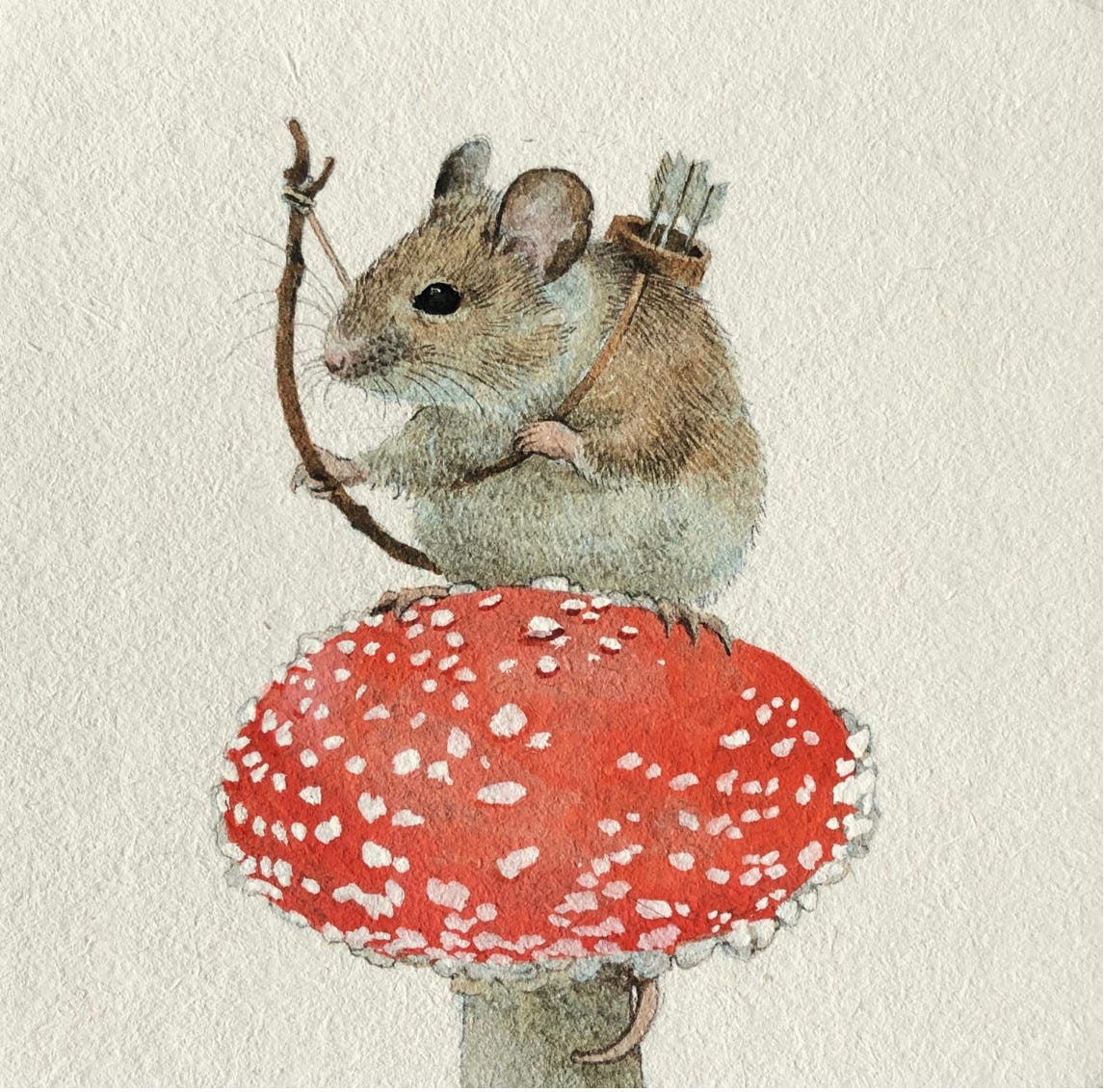 illustration of mouse on mushroom, holding a bow and arrow