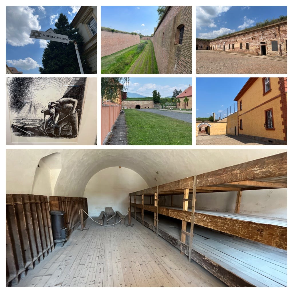 Photos of Terezín concentration camp: crematorium sign, fortress walls, crumbling barracks, a gate with the slogan "Work is freedom"; a gate through which prisoners were taken to be executed, a drawing of prisoners working on the railroad; bunkbeds where prisoners were crammed inside the barracks.