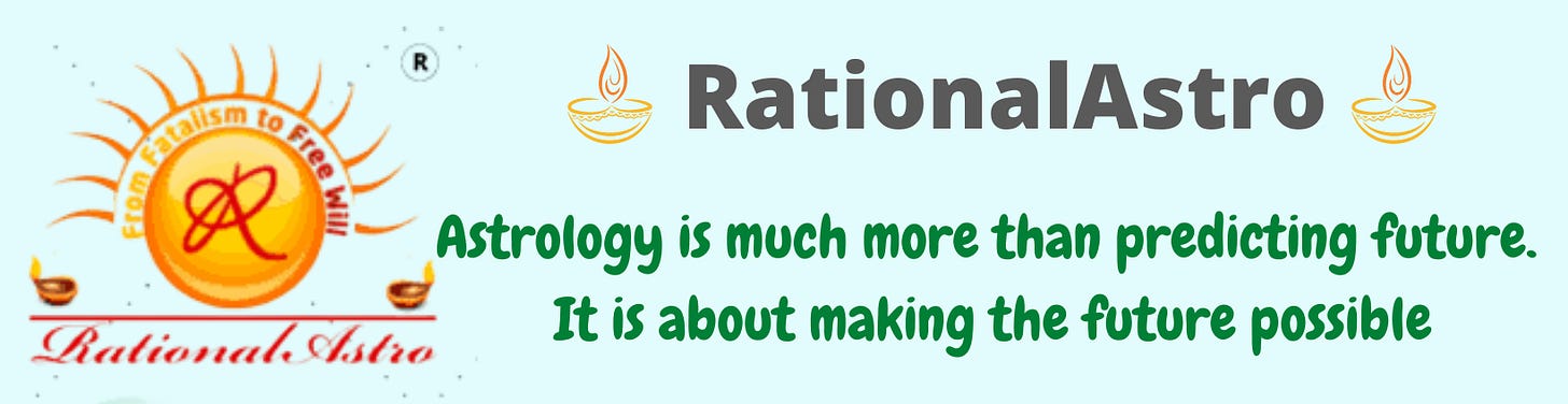 The image has logo of RationalAstro with its name. A phrase is mentioned "Astrology is much more than predicting future. It is about making the future possible." Articles contributed by: Anish Prasad