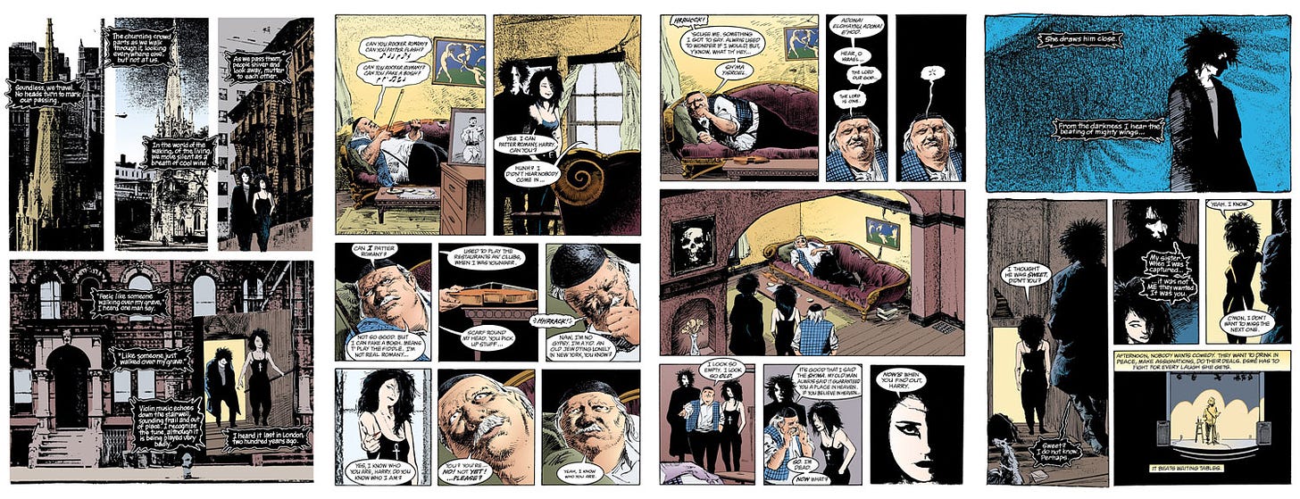 Sequência de quatro páginas em The Sandman mostrando a coleta da primeira alma, um senhor judeu dentro de casa.