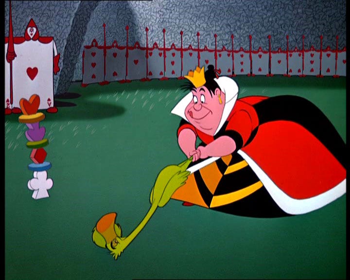 A scene from Alice in Wonderland: The Red Queen playing croquet with a glum green flamingo.