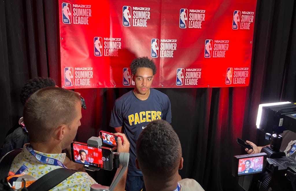 Andrew Nembhard, drafted 31st by the Pacers, talks with reporters after a summer league game in Las Vegas.