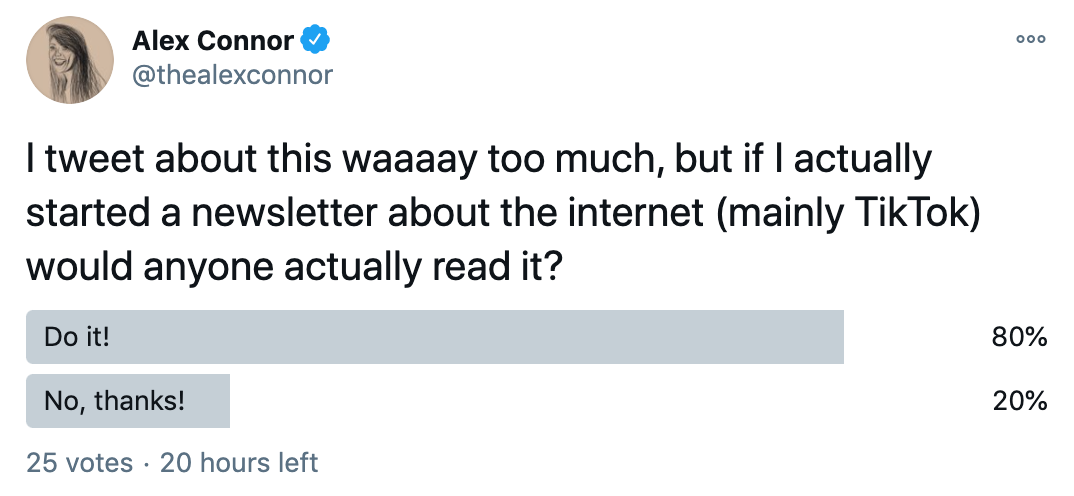 Screenshot of a Twitter poll that asks: I tweet about this waaaay too much, but if I actually started a newsletter about the internet (mainly TikTok) would anyone actually read it?