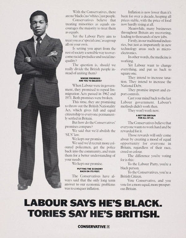 Labour says he's black. Tories say he's British." - The Conservative Party  makes a pitch to black British voters in the election in 1983 [UK] :  PropagandaPosters