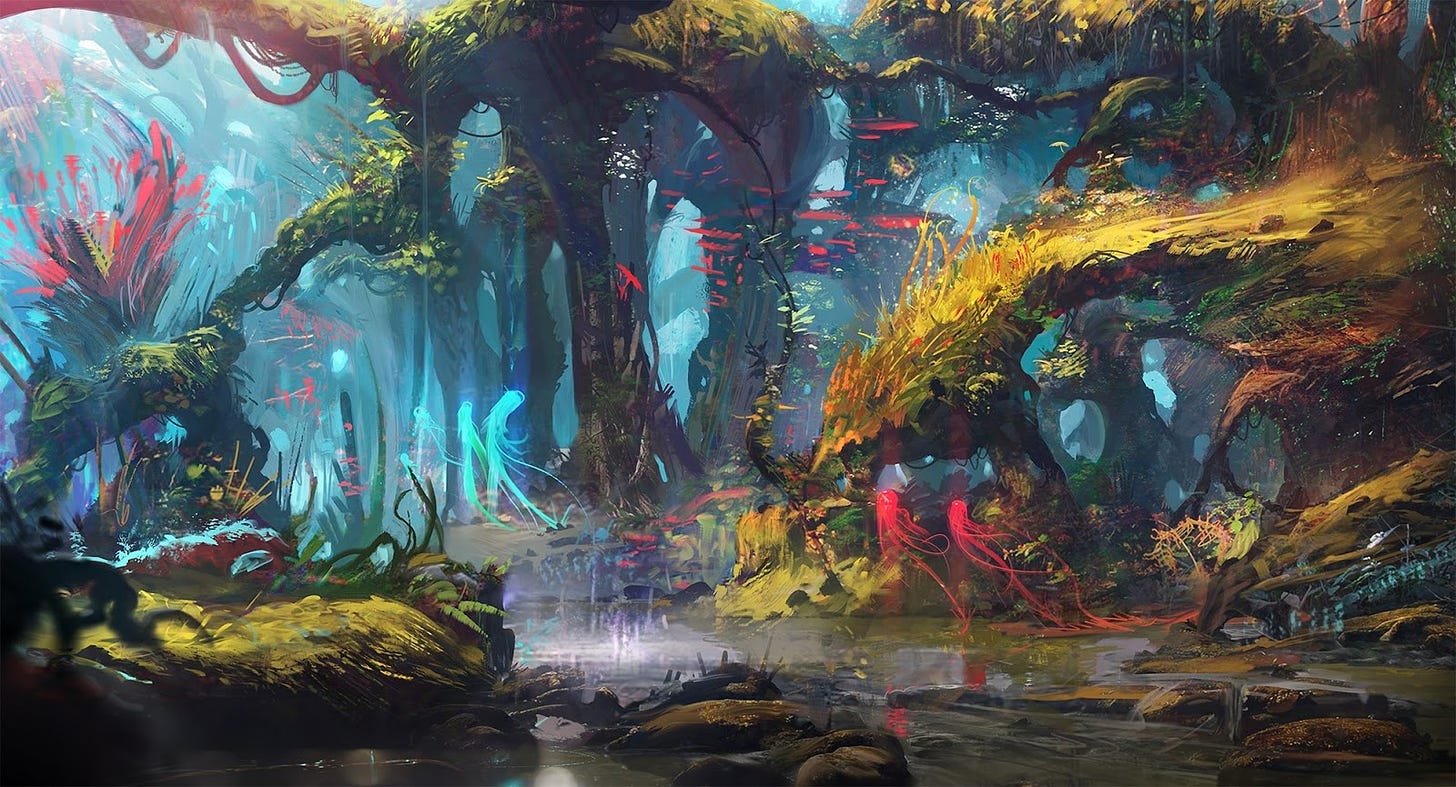 A fantasy scene of a forest with greenish-yellow trees with a river running through it that reflects like a mirror. There are trees and blue-tinged plants in the background and red and blue transparent creatures wandering through the scene. 