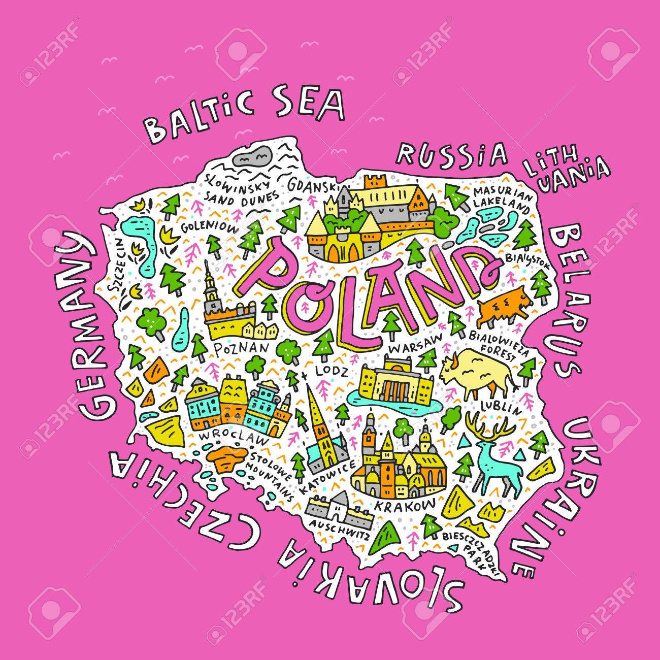 Cartoon Map Of Poland. Hand Drawn Illustration With All Main Symbols And  Lettering. Royalty Free SVG, Cliparts, Vectors, And Stock Illustration.  Image 82443176.