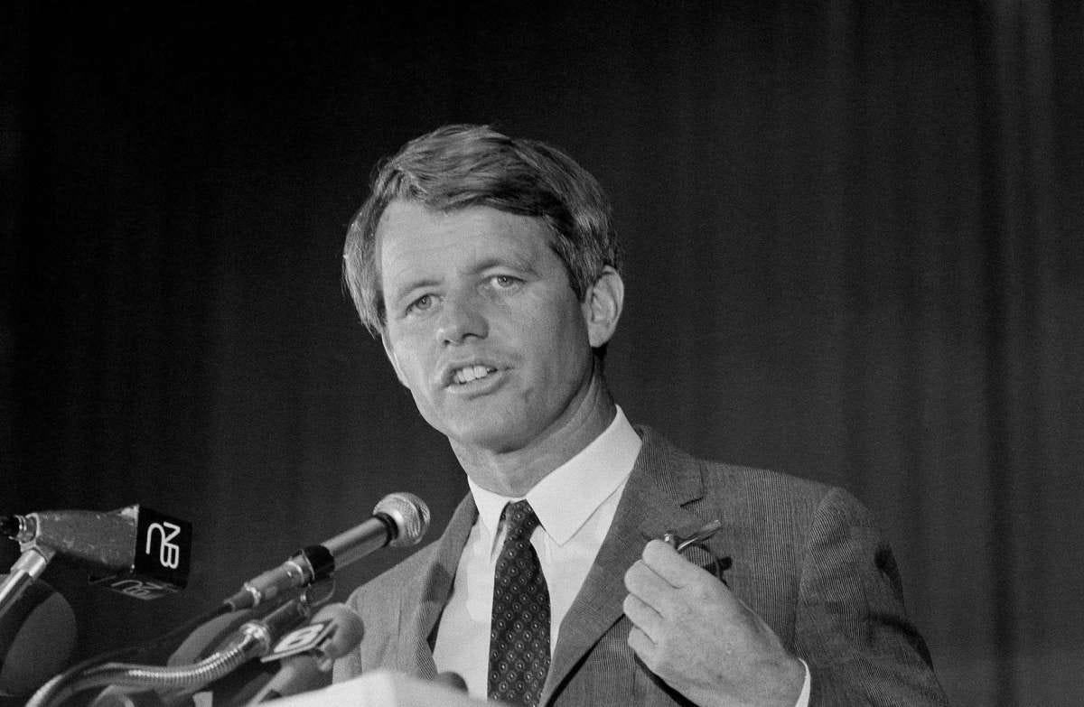 FILE - In this May 9, 1968 file photo, Sen. Robert F. Kennedy speaks to the delegates of the United Auto Workers at a convention hall in Atlantic City, N.J. Prosecutors for the first time are not opposing the release of Sirhan Sirhan. The 77-year-old prisoner on Friday, Aug. 27, 2021, faces his 16th parole hearing for fatally shooting Robert F. Kennedy in 1968.