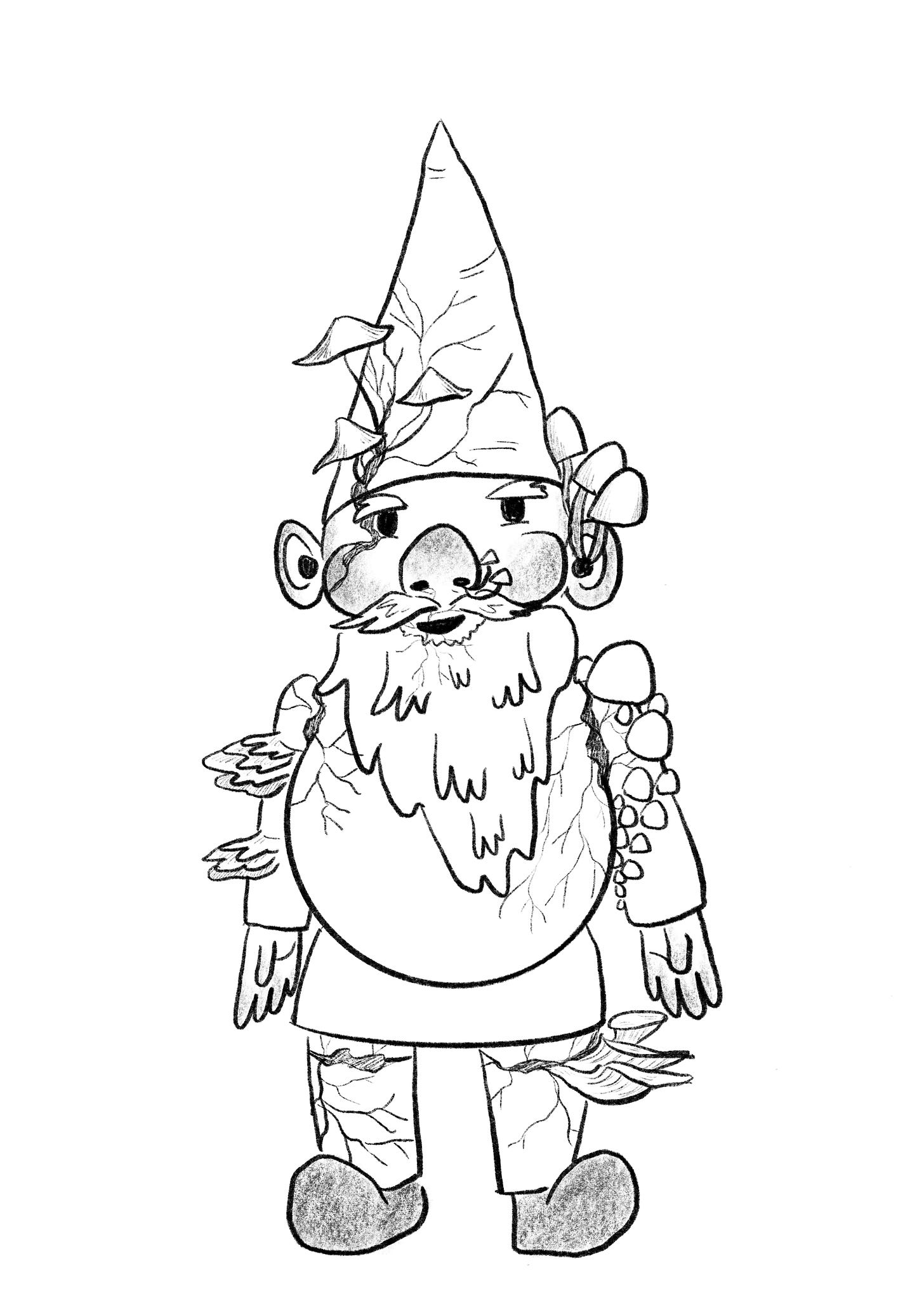 Lineart illustration of a garden gnome with mushrooms growing along cracks in the joints between the body, limbs, and head.