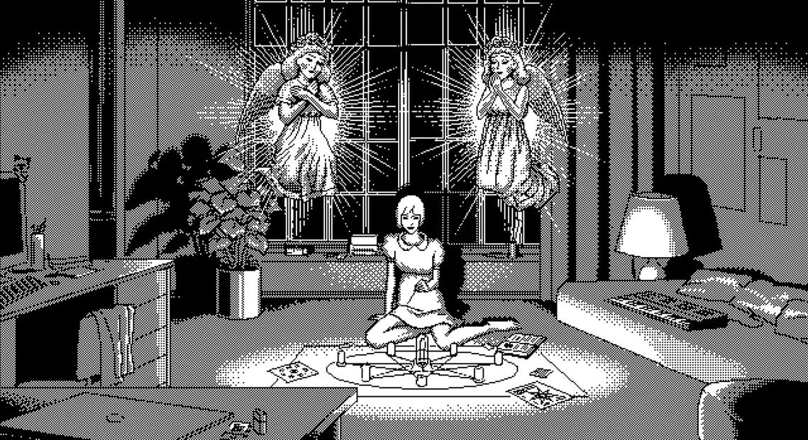 Frame of “Summon Demons” by Uno Moralez showing a dithered black and white pixel animation of a girl sitting in front of a pentagram with crystals and tarot cards etc. Behind her two glowing angels hover.   
