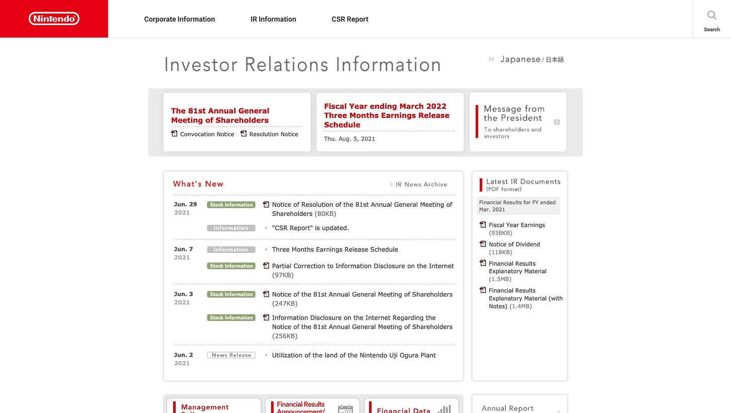 Nintendo Investor Relations