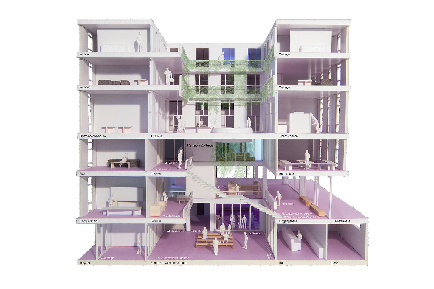 Figure 4. The Zollhaus, located in central Zurich, was designed by Enzmann Fischer Partner AG, the second project developed by Kalkbreite. As this cross section indicates, it will provide a mix of commercial and residential spaces, with apartments serving households from one to eight people. It will also boast two “hall apartments” in which people will build out their living environment within an open floor plan. The project is scheduled for completion in mid-2021. Courtesy of Enzmann Fischer Partner AG.