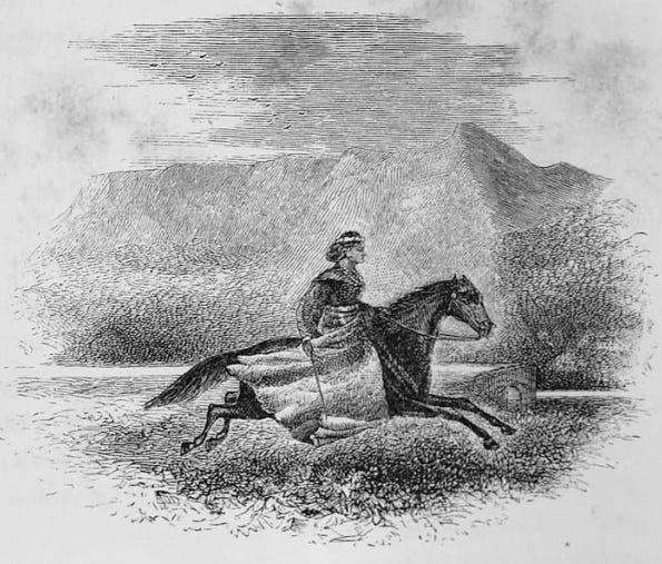 Sketch of Isabella Bird on horseback