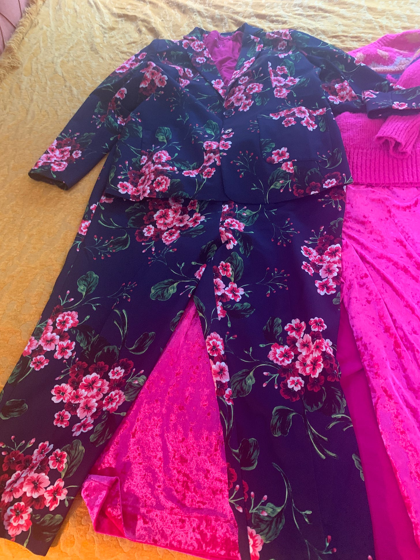 Navy suit with hot pink cherry blossoms or geranium print