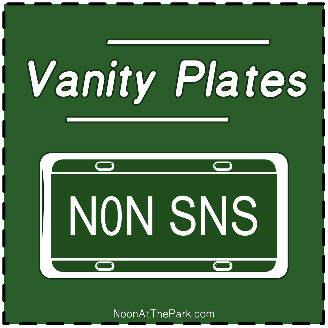 Image Reads Vanity Plates. Image of a license plate with the letters N 0 N. S N S.