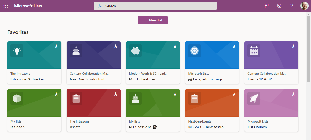 Screencapture of the Microsoft Lists home page in Microsoft 365.