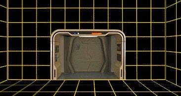 This image shows the interior of the U.S.S. Enterprise-D's empty holodeck. Yellow grid lines and the entry arch are visible. This image shows the interior of the U.S.S. Enterprise-D's empty holodeck. Yellow grid lines and the entry arch are visible.