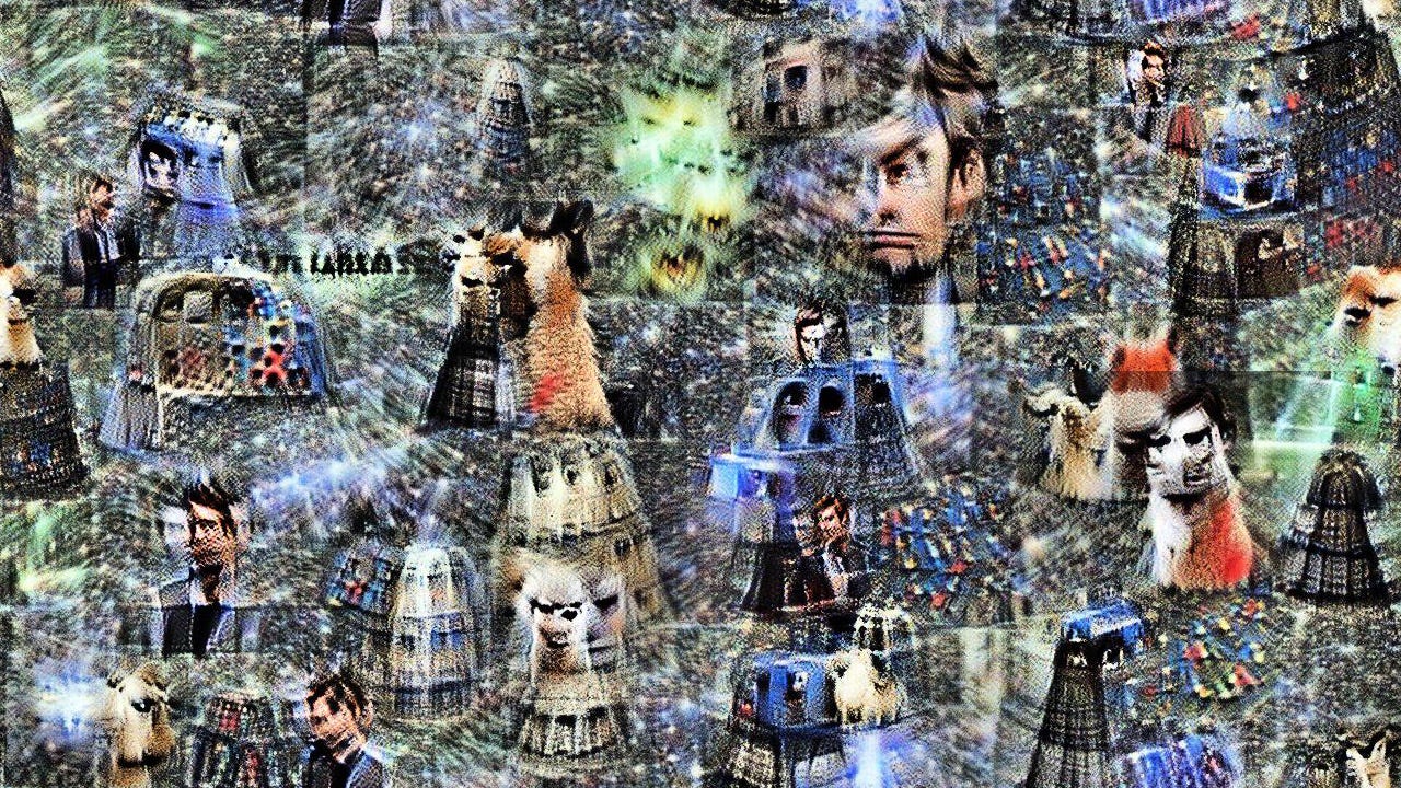 David tennant is clearly visible (at least the left half of his face) frowning. Daleks and tardises seem to merge into segmented blue cones. The llamas are kind of dalek-shaped furry blobs. There are EXCESSIVE numbers of lasers for some reason.