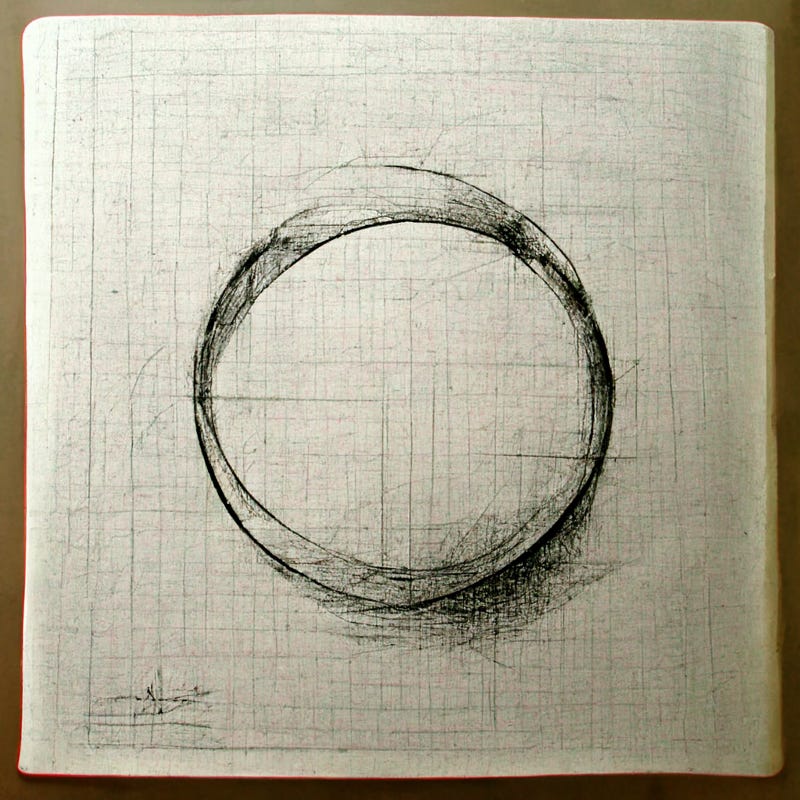 A charcoal sketch of a ring shape. Messy and disconnected, but with light and shadow considered. Grid-lines are scribbled across the page in faint pencil. It looks like a page from a notebook.