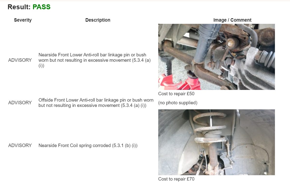 Sample Visual MOT report showing photos of suspension issues