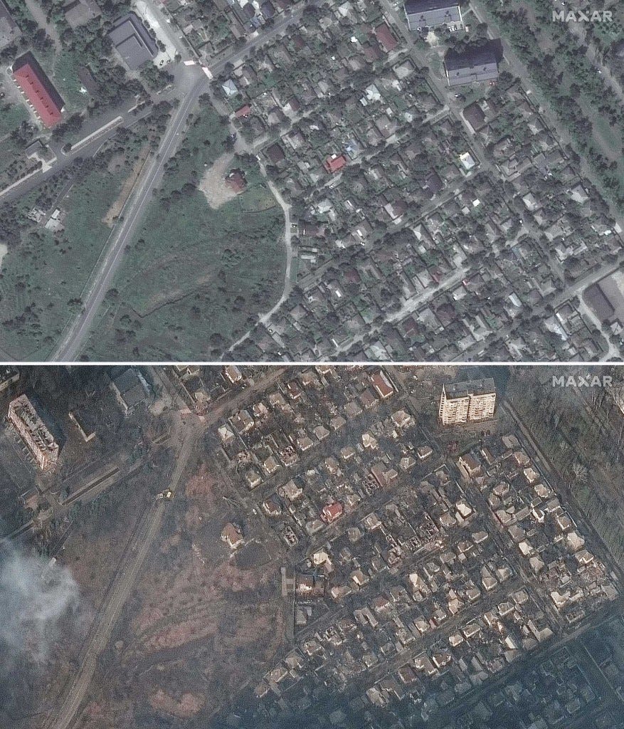 Before and after images of destroyed homes and buildings in eastern Mariupol.