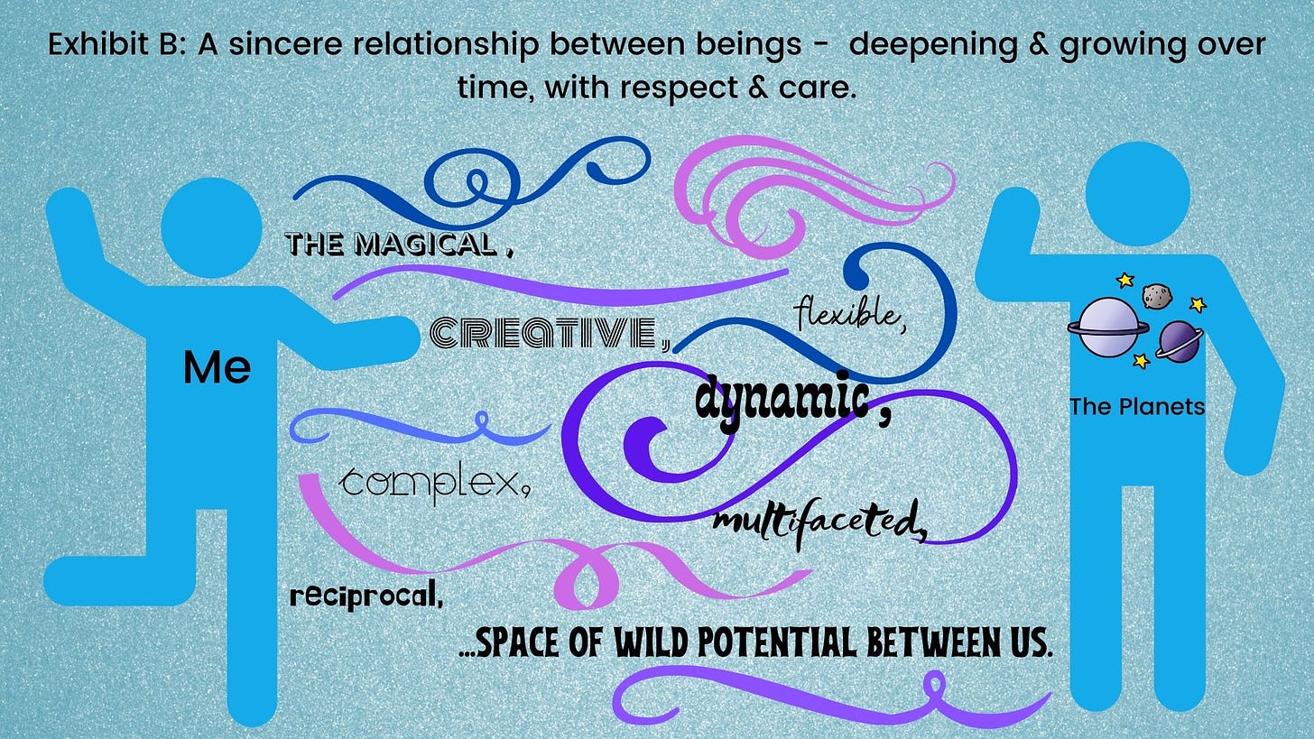 Exhibit B: A sincere relationship between beings - deepening and growing over time, with respect and care. Between me and the planets in relationship there is the magical, creative, flexible, dynamic, multifaceted, complex, reciprocal, space of wild potential. 