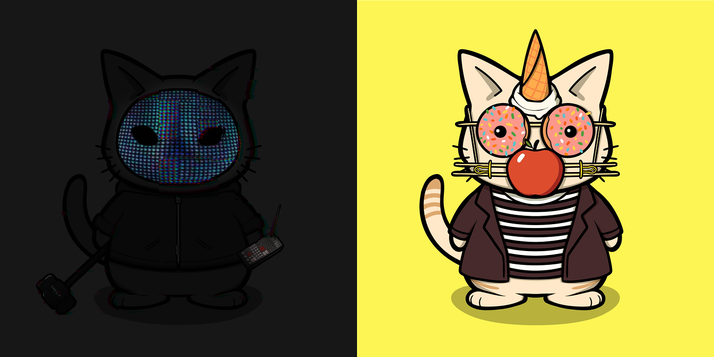 Two custom cartoon cats, one in the shadows, another wearing a food mask.
