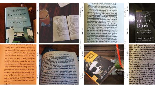 A collection of photos of times I've read in bars. Books include those by Joan Didion, Rebecca Solnit, and Maya Angelou. 