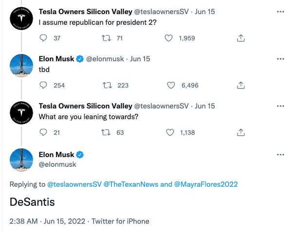 Screen shot of tweets between Tesle Owners Silicon Valley and Elon Musk about Ron Desantis running for president in 2024.