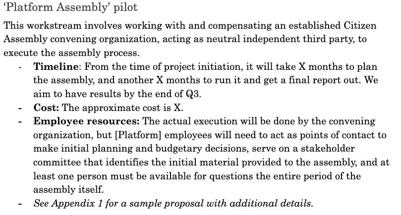 Excerpt of document describing the potential platform assembly pilot.