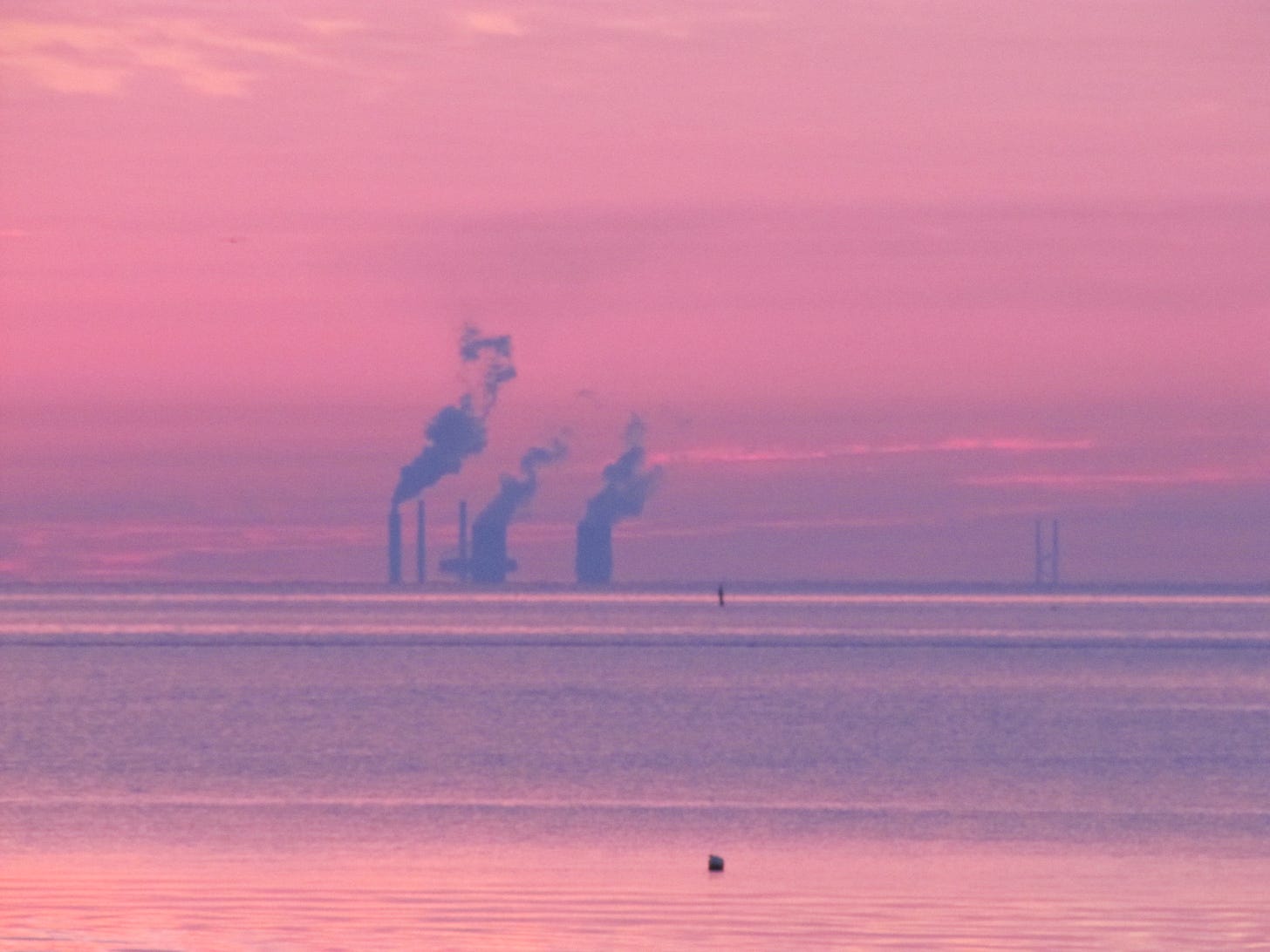 Looking out over Gulf waters there is a power plant with three towers spewing smoke. It's sunrise so the sky and the water are pink. 