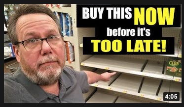 A screenshot of a YouTube video thumbnail. A grey-haired, bearded white dude with glasses is pointing at an empty supermarket shelf. The text, in chaotically-formatted white and yellow Impact font, reads "BUY THIS NOW BEFORE IT'S TOO LATE!"
