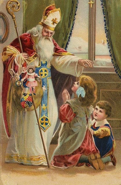 St. Nicholas with kneeling children | Vintage christmas images, Christmas postcard, Vintage ...