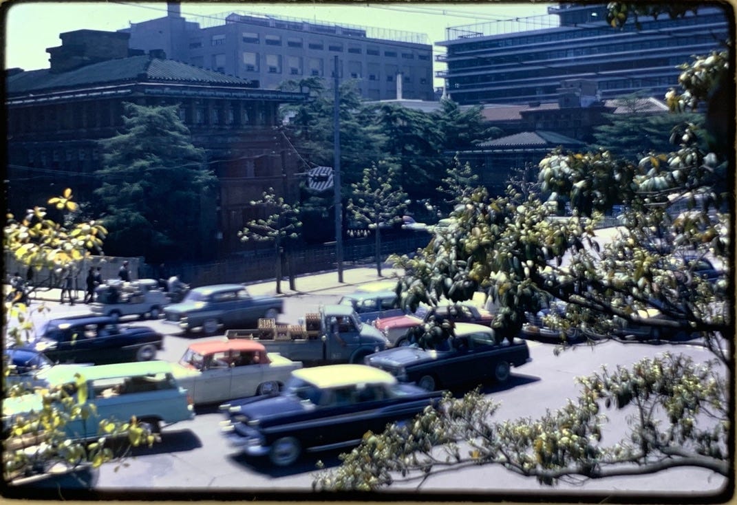 A street in Japan, 1962. The photo is taken through some street tree branches, and there are various colorful cars on the street and buildings across the way.