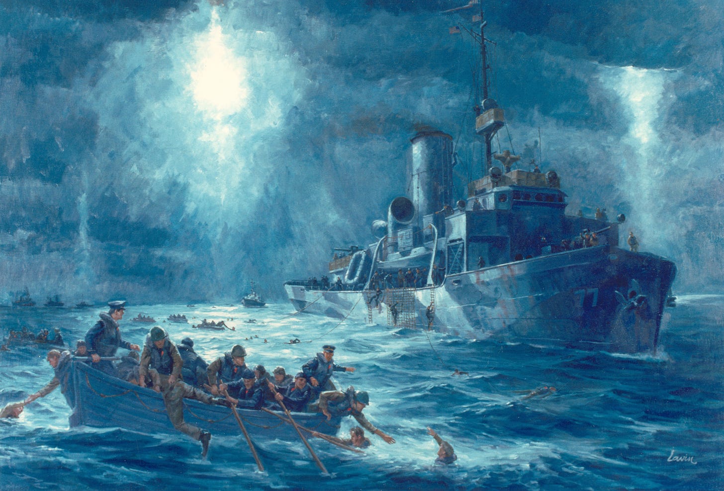 A Coast Guard painting depicts the rescue of Dorchester survivors by USCGC Escanaba on February 3, 1943.