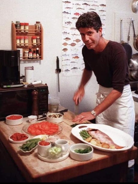 Anthony Bourdain cooking at home in NYC - 1986 - 9GAG